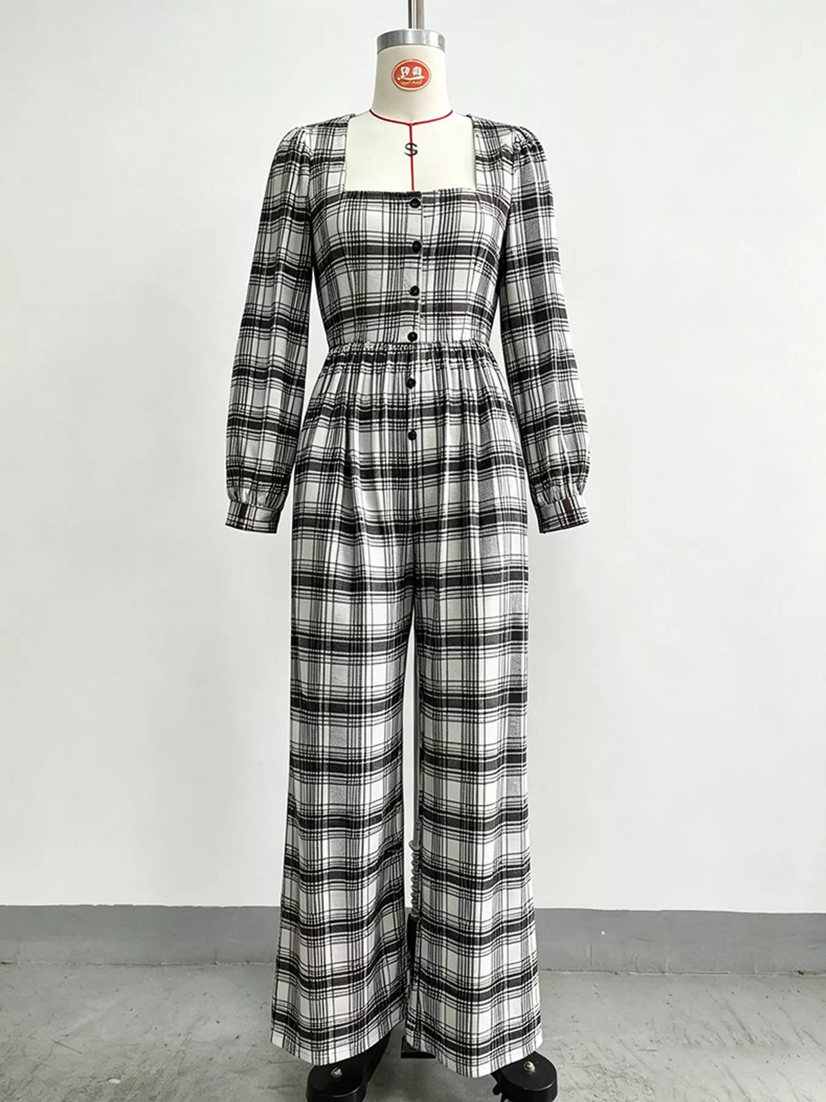 Plaid Square Neck Long Sleeve Wide-Leg Jumpsuit