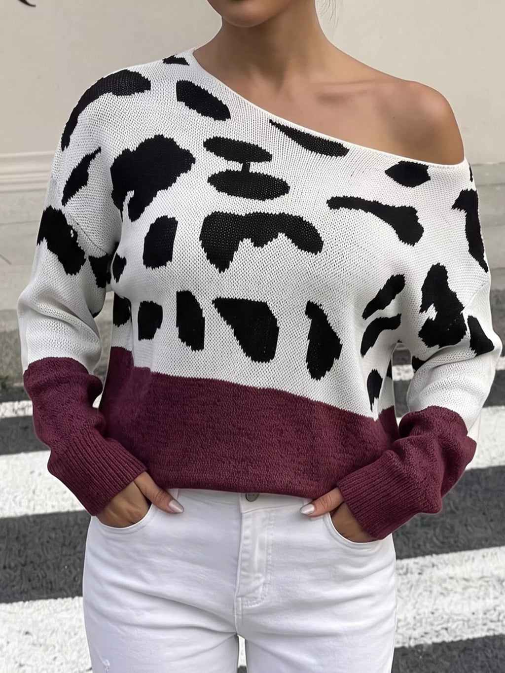 Full Size Off-Shoulder Colorblock Animal Print Sweater Plus Size