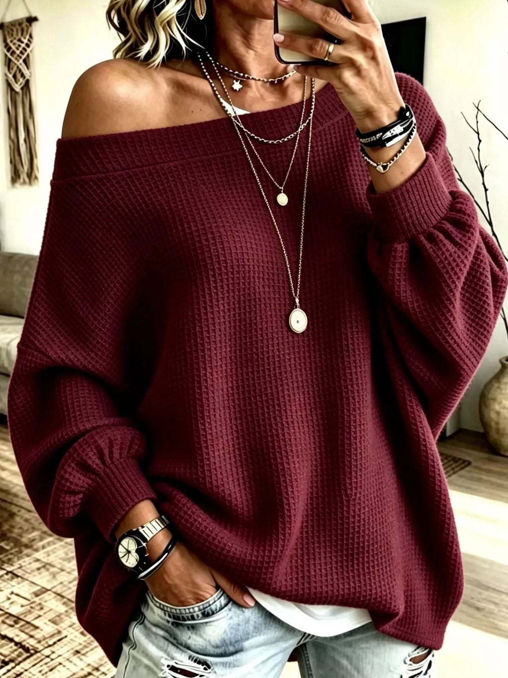 Full Size Waffle Knit Boat Neck Sweatshirt Plus Size