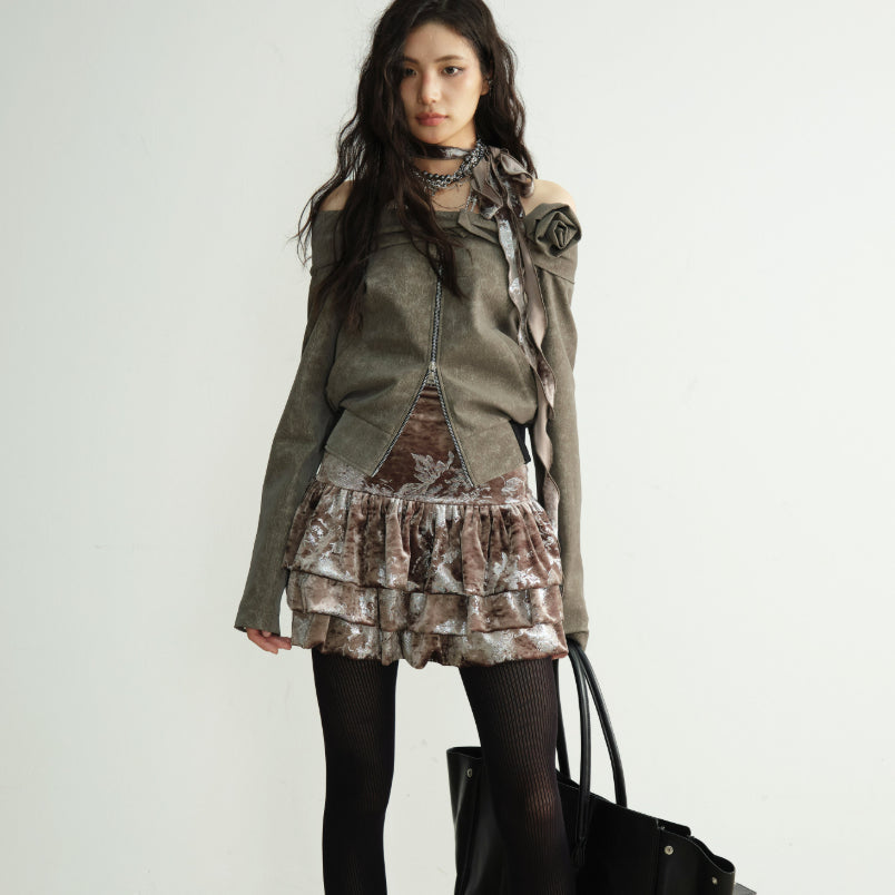 Coffee colored Three dimensional Floral accented Off shoulder Short Jacket