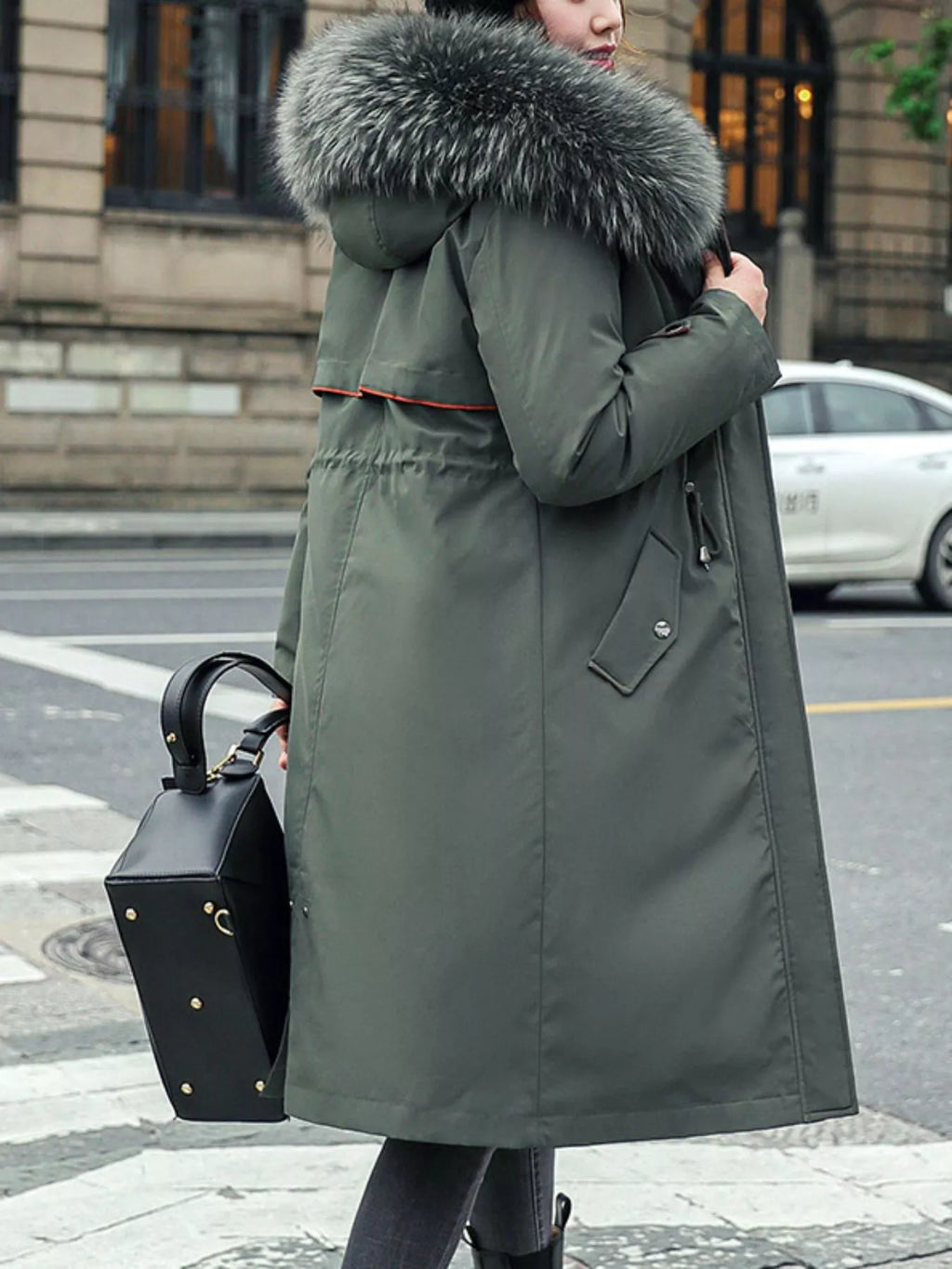 Detachable Longline Hooded Parka with Faux Fur Trim and Drawstring Waist