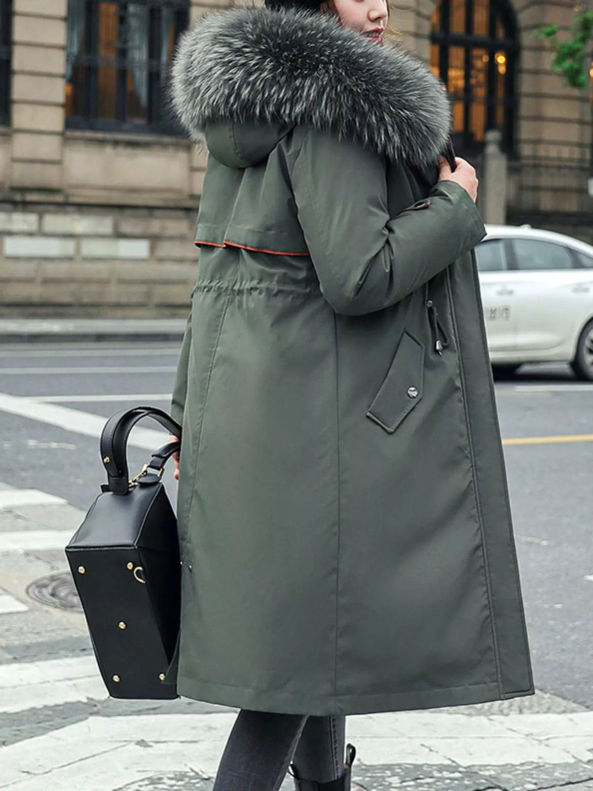 Detachable Longline Hooded Parka with Faux Fur Trim and Drawstring Waist