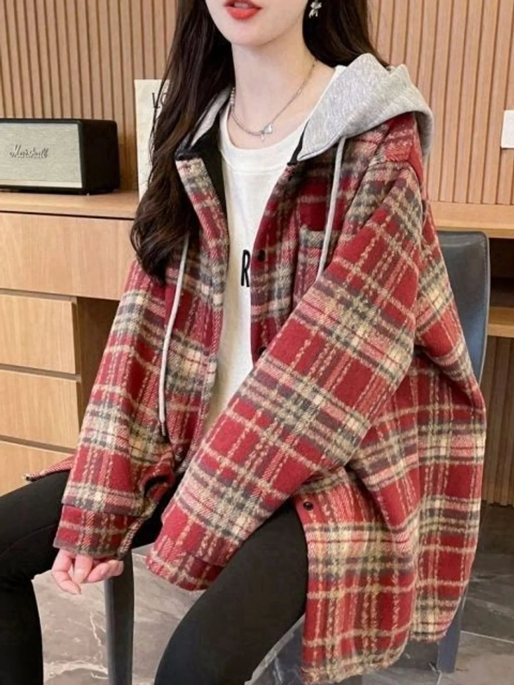 Plaid Button Up Hooded Shacket