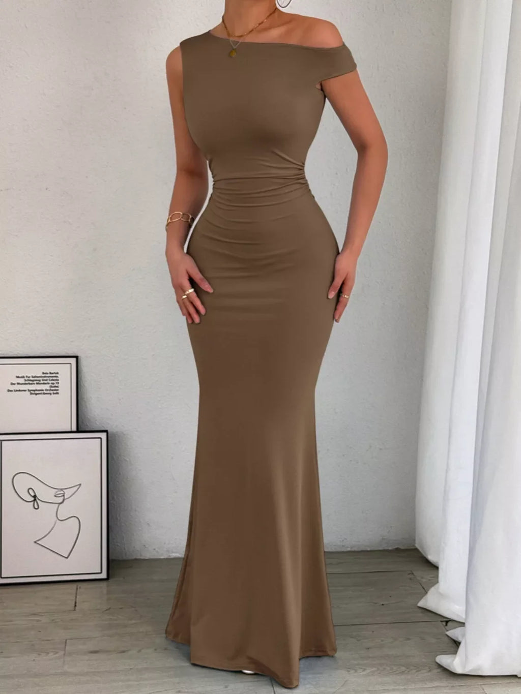 One-Shoulder Ruched Bodycon Maxi Dress