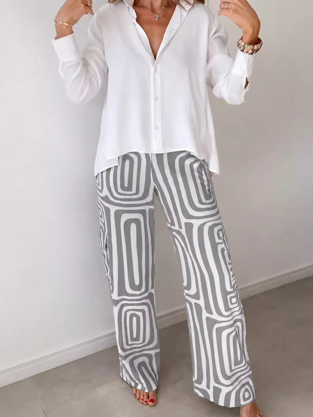 Full Size Chic Button-Down Shirt and Geometric Wide-Leg Pants Set Plus Size