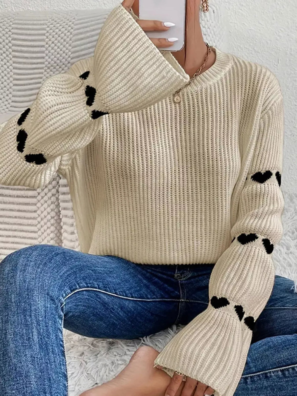 Heart Pattern Dropped Shoulder Sweater
