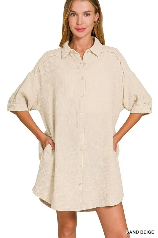 Button Front Double Gauze Shirt Dress – Oversized Fit