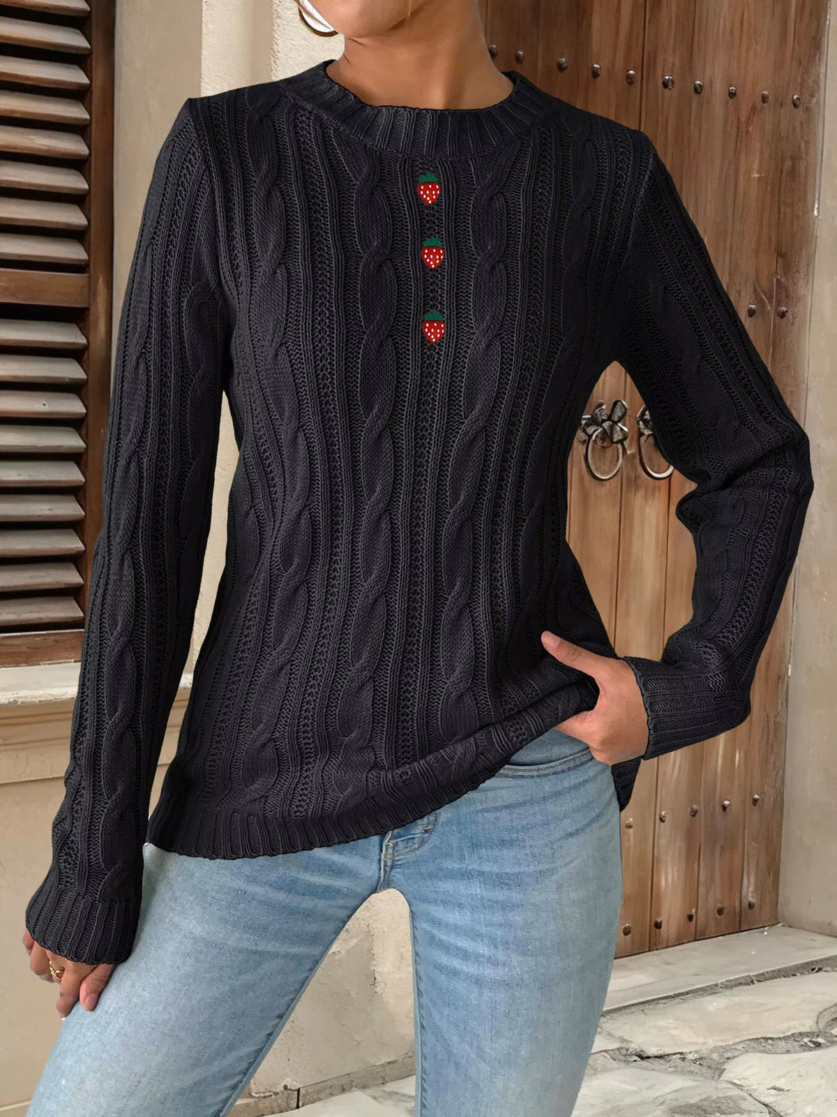 Strawberry Embellished Cable Knit Round Neck Sweater