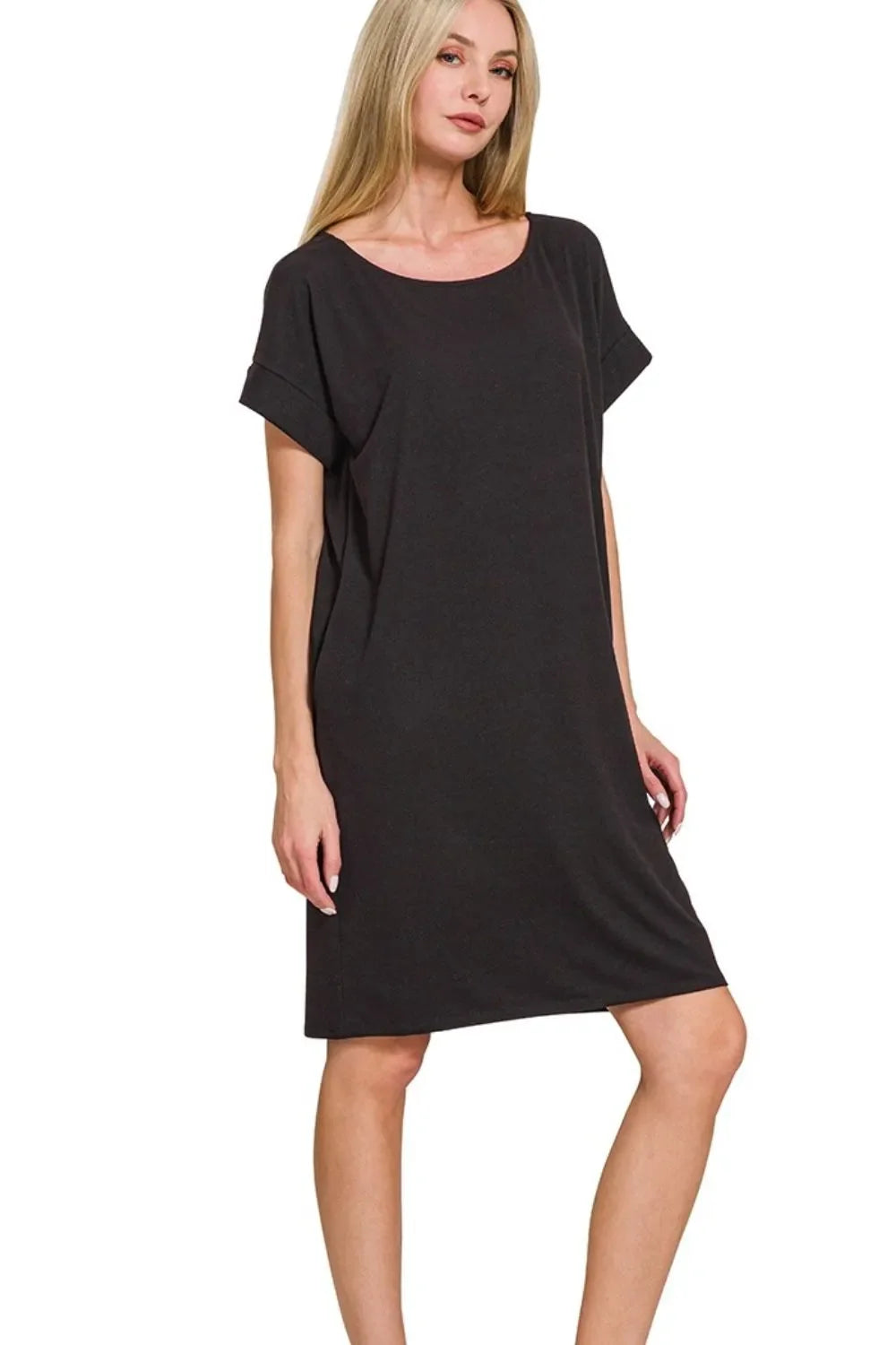 Rolled Short Sleeve Round Neck T-Shirt Dress