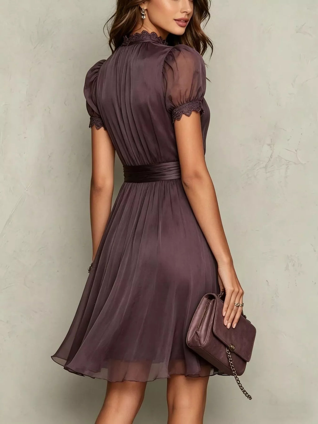 Full Size Lace Trim Puff Sleeve A-Line Dress Plus Size