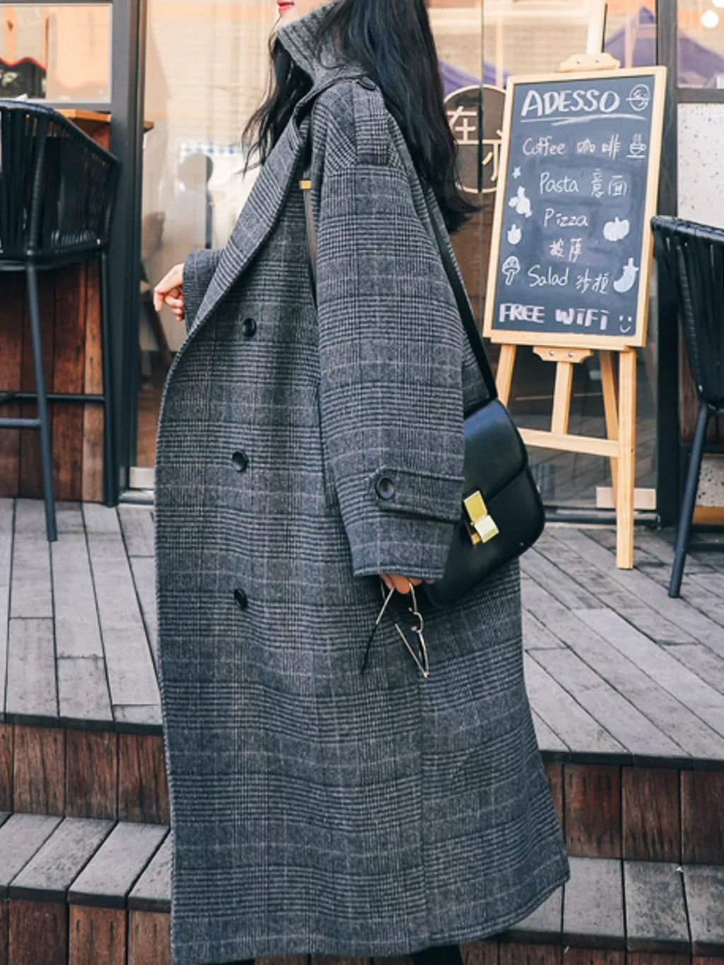 Plaid Double-Breasted Longline Overcoat
