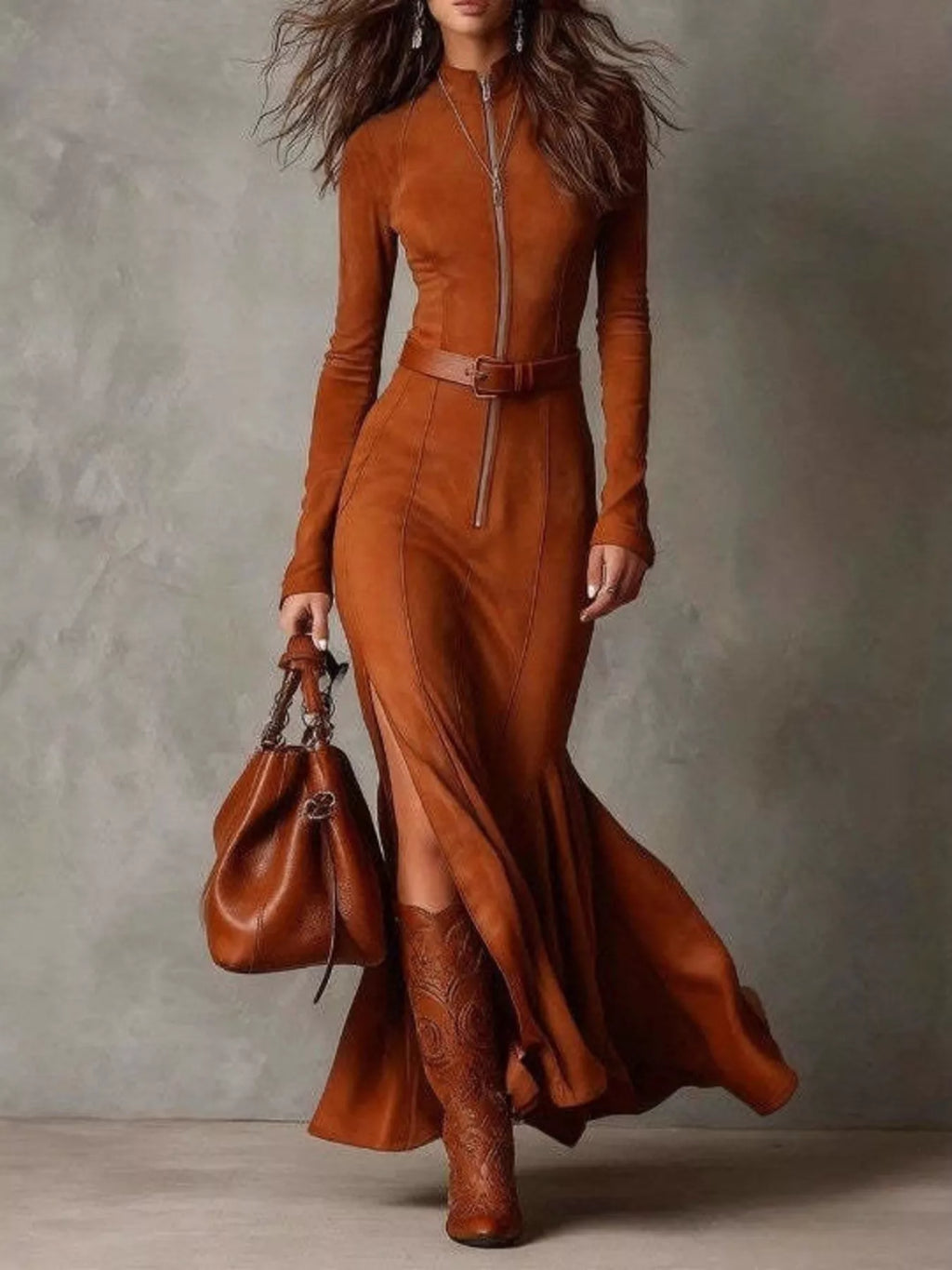 Full Size Slit Zip-Front Long Sleeve Maxi Dress with Belt Plus Size