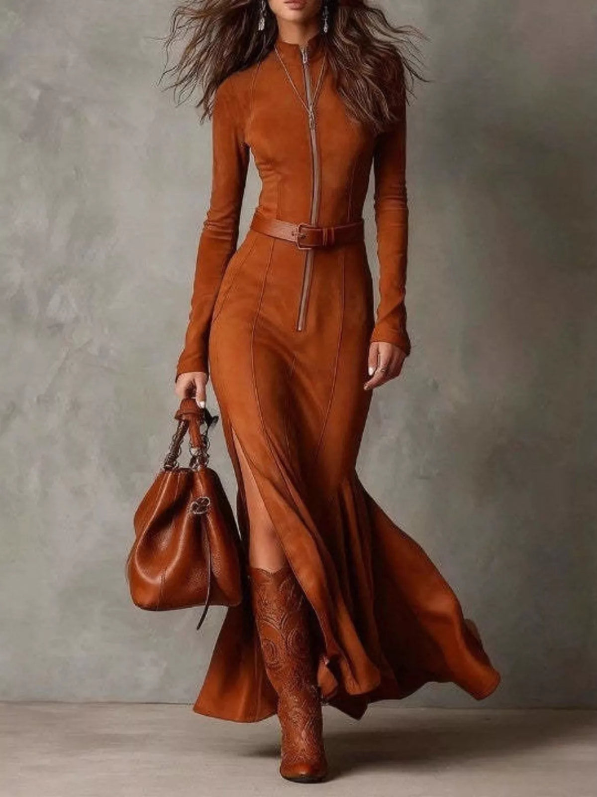 Full Size Slit Zip-Front Long Sleeve Maxi Dress with Belt Plus Size