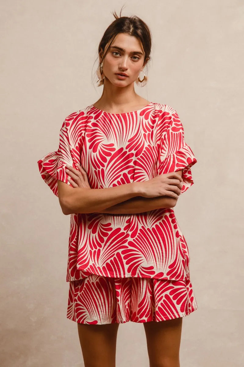 BiBi Print Woven Ruffled Sleeves Top