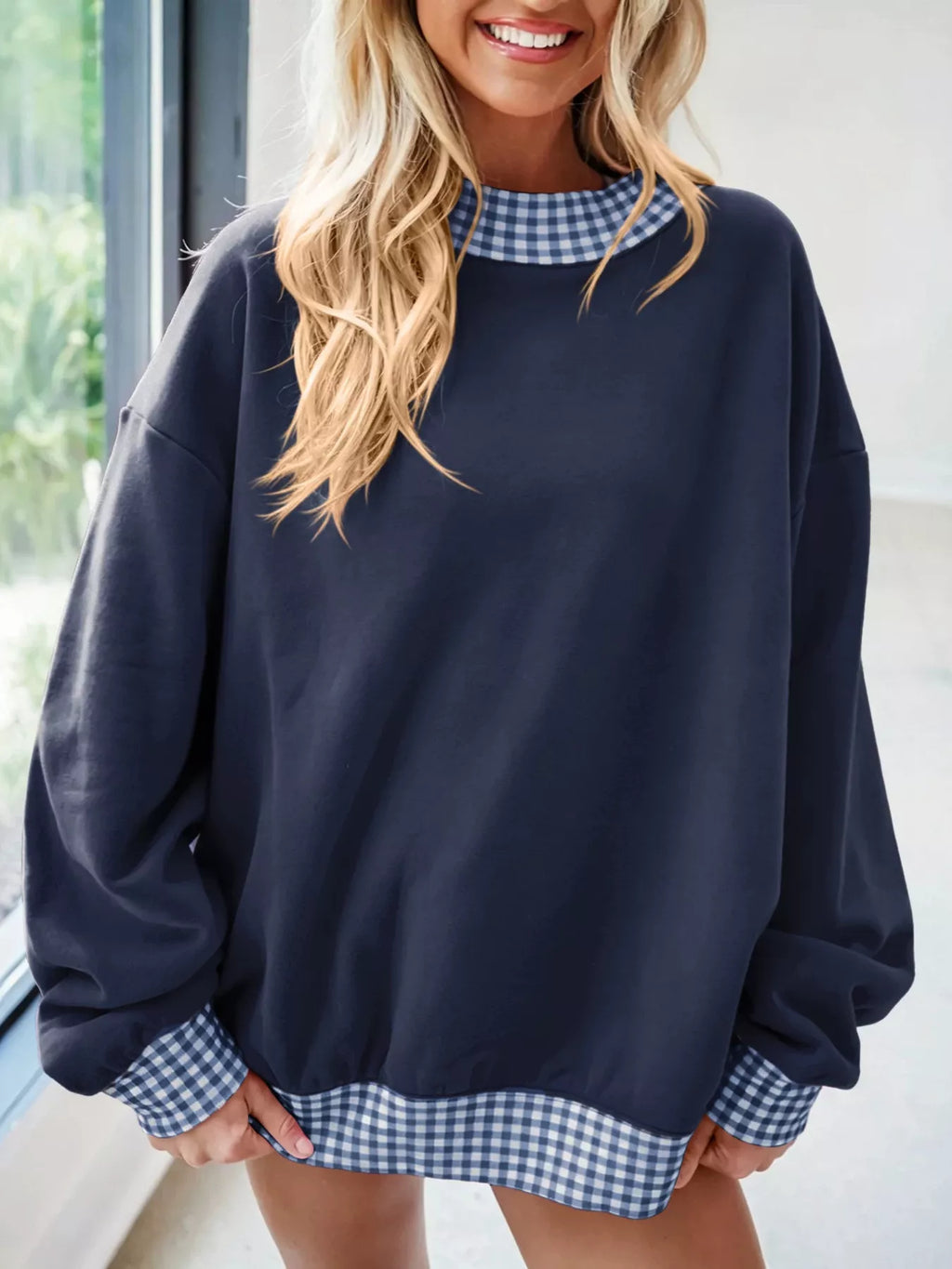 Gingham Trim Dropped Shoulder Sweatshirt