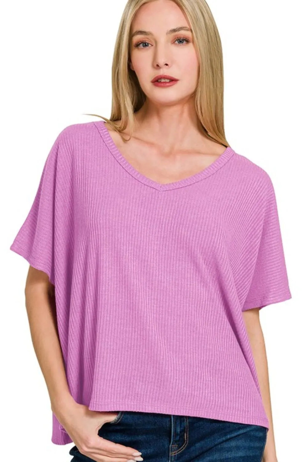 Ribbed V-Neck Short Sleeve Knit Top – Relaxed Fit