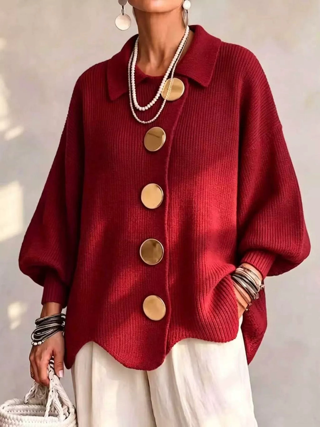 Full Size Ribbed Knit Gold Buttons Cardigan Plus Size