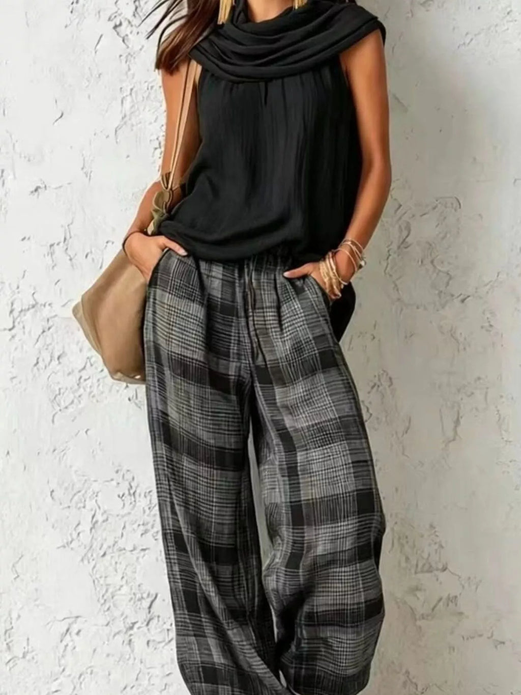 Full Size Sleeveless Cowl Neck Top and Plaid Wide-Leg Pant Two-Piece Set Plus Size