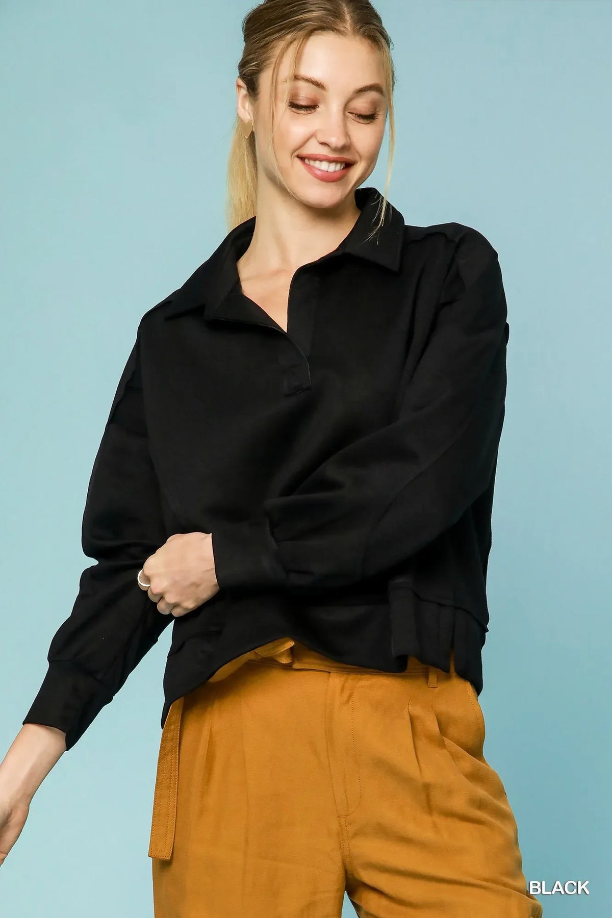 Umgee Collared Neck Long Sleeve Top with Raw Hem Detail