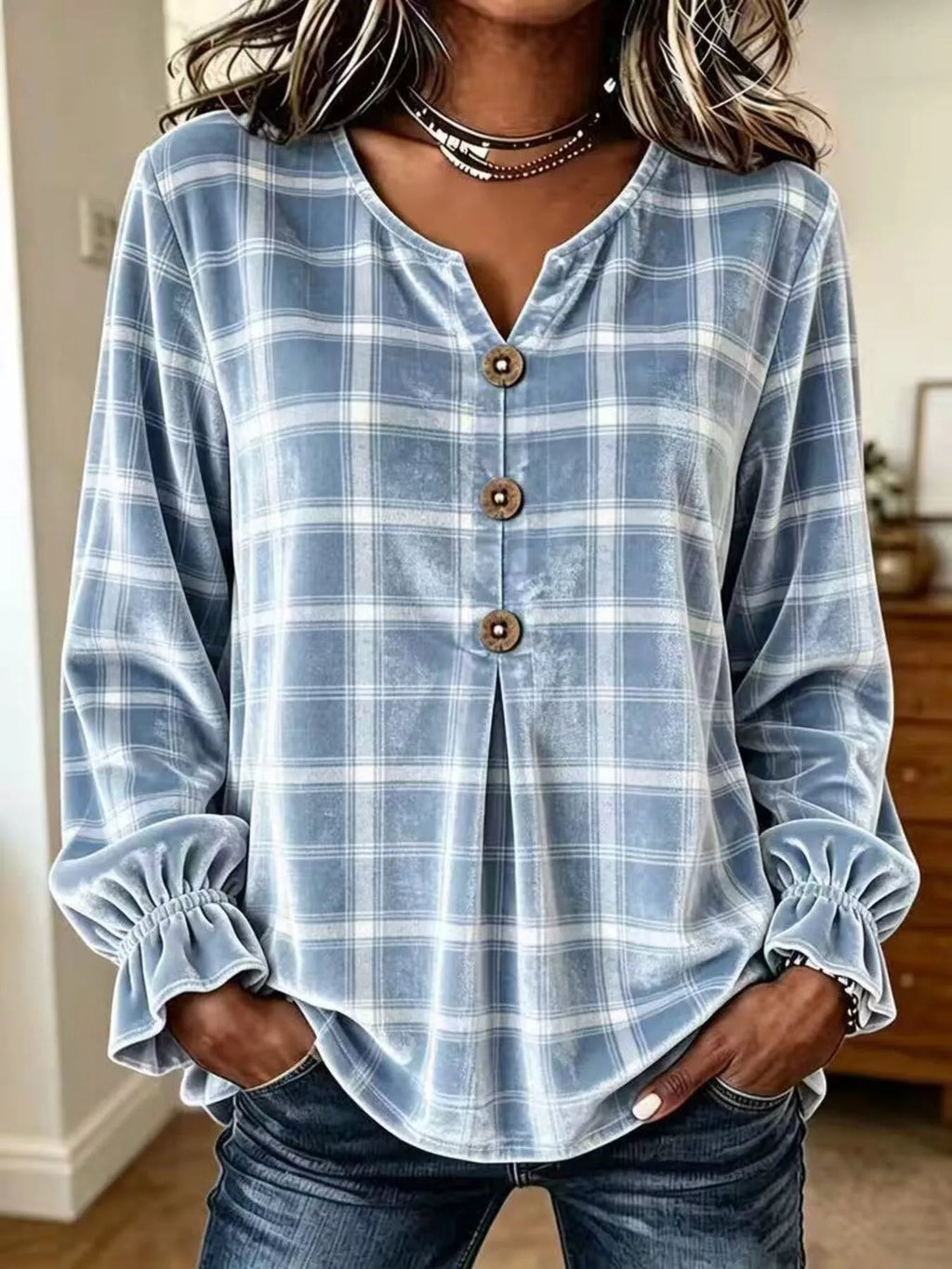 Full Size Plaid Velvet Flounce Sleeve Blouse Plus Size