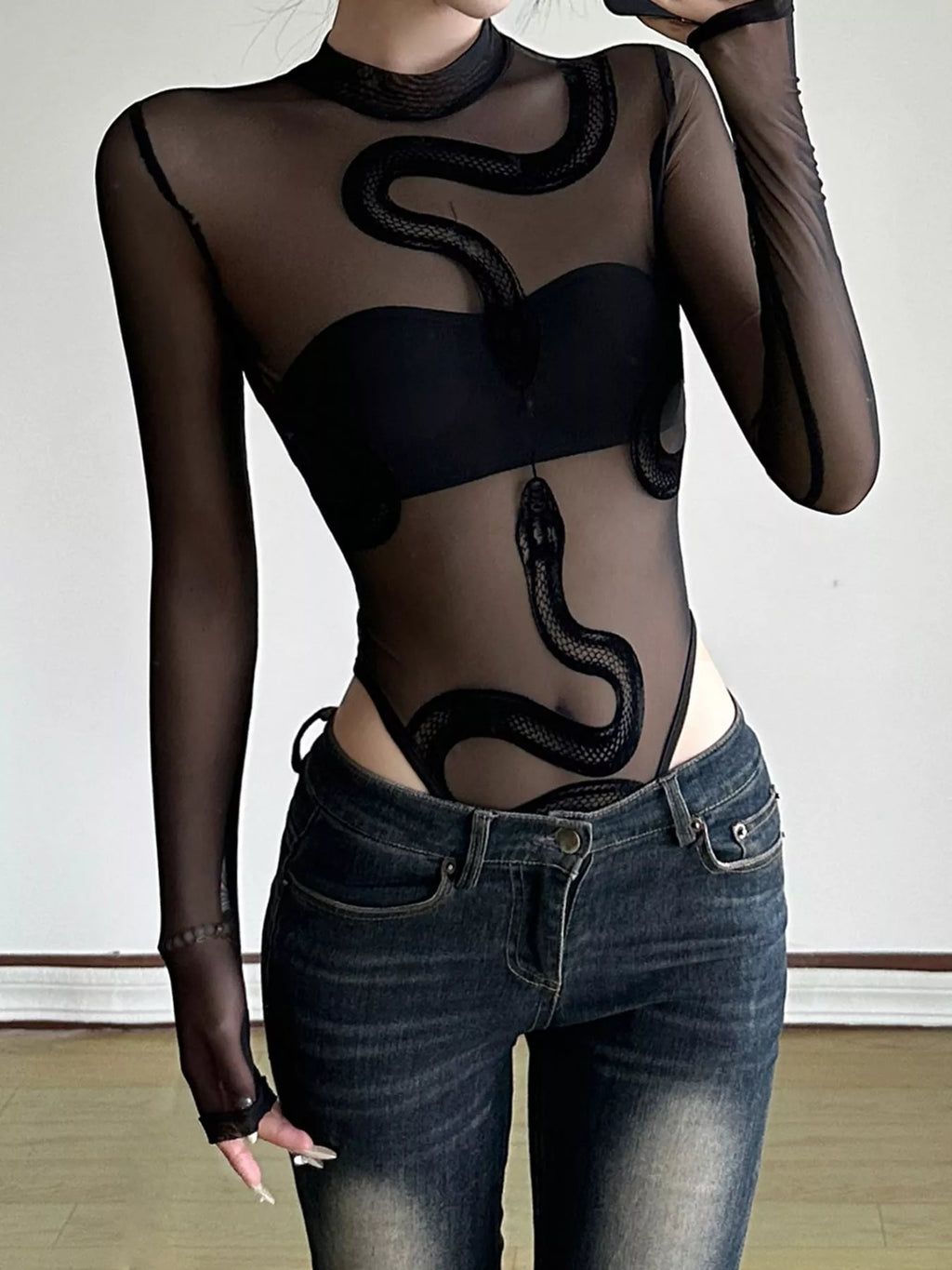 Sheer Mesh Snake Print Long Sleeve Bodysuit
