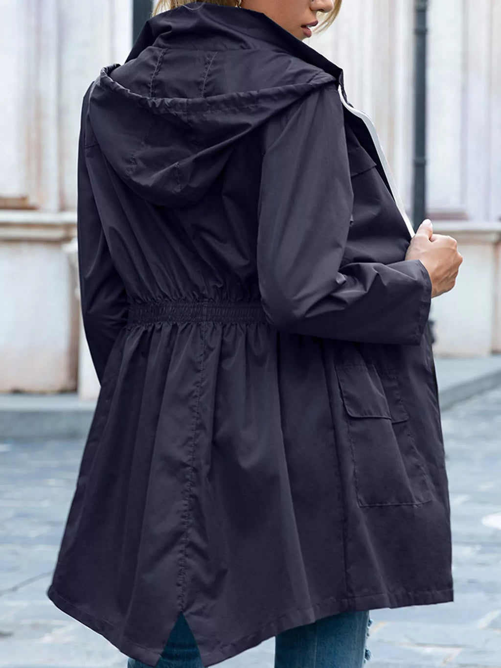 Zip Up Drawstring Waist Hooded Jacket