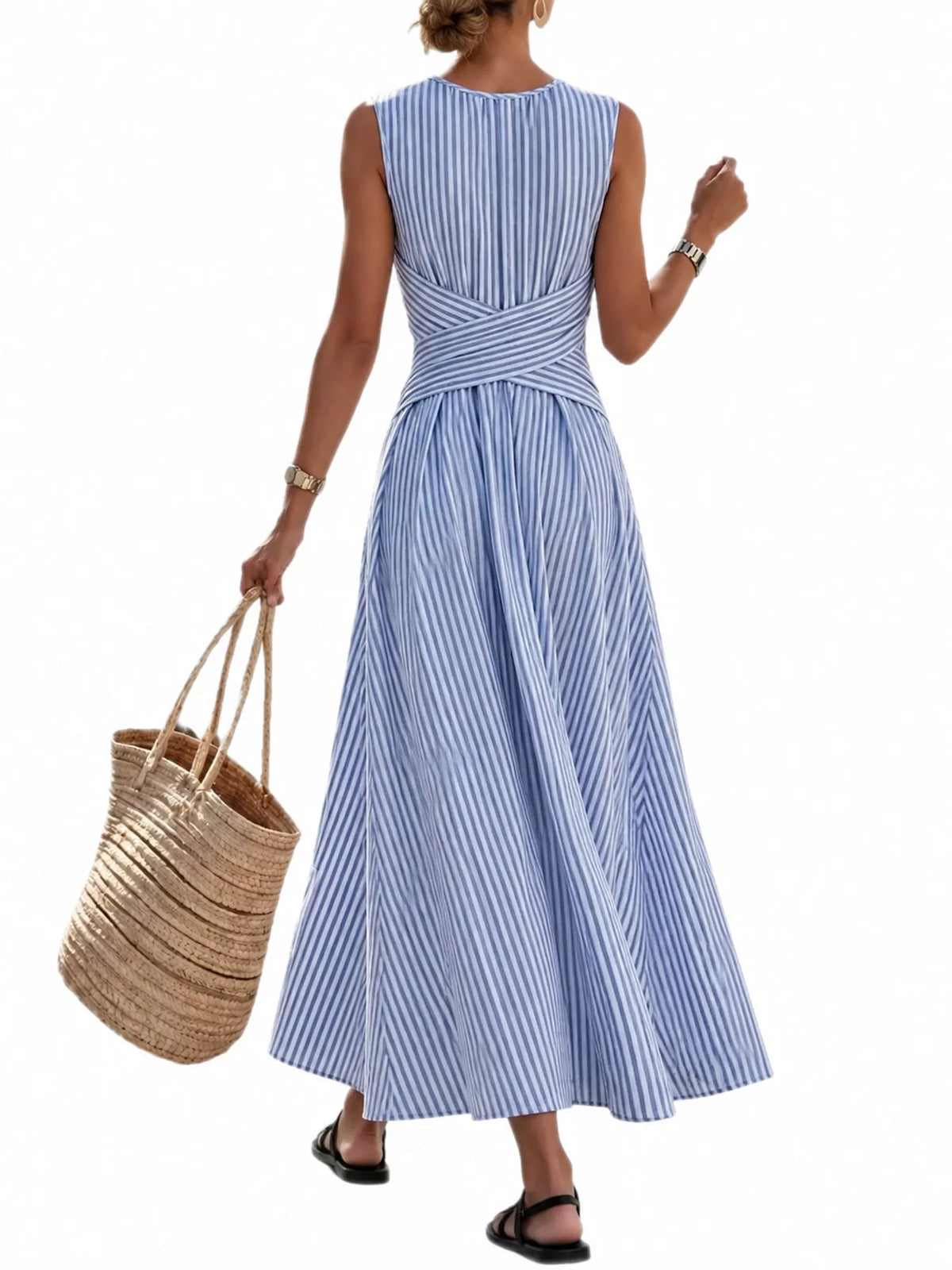 Full Size Sleeveless Striped Maxi Dress with Criss-Cross Waist Detail Plus Size