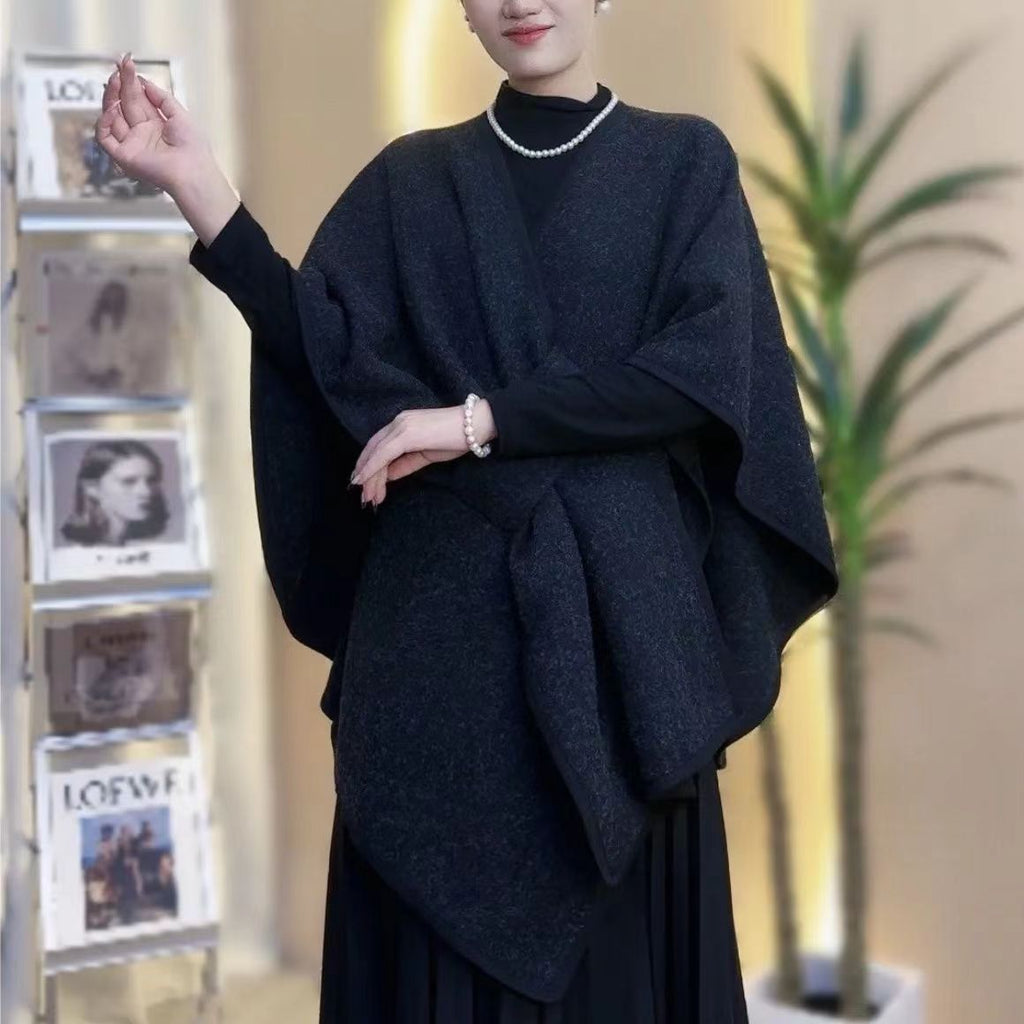 Faux Fur Collar Pom Pom Knitted Cardigan Cape - Women's Warm Winter Shawl Wrap Coat
