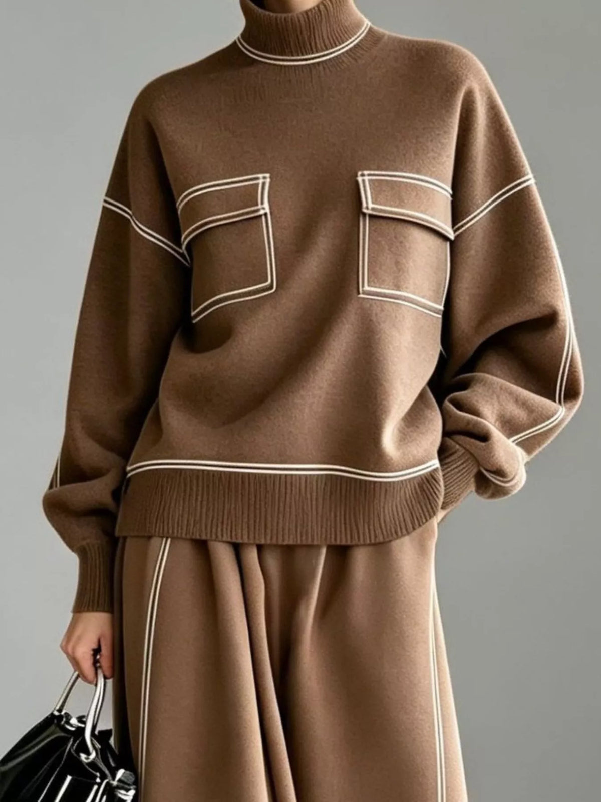 Turtleneck Knit Top and Midi Skirt Set