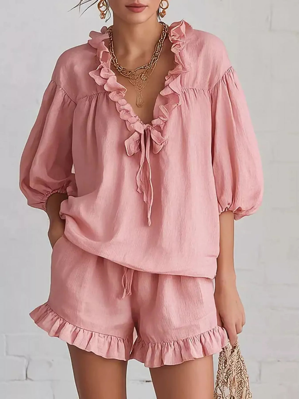Ruffled V-Neck Blouse and Shorts Set