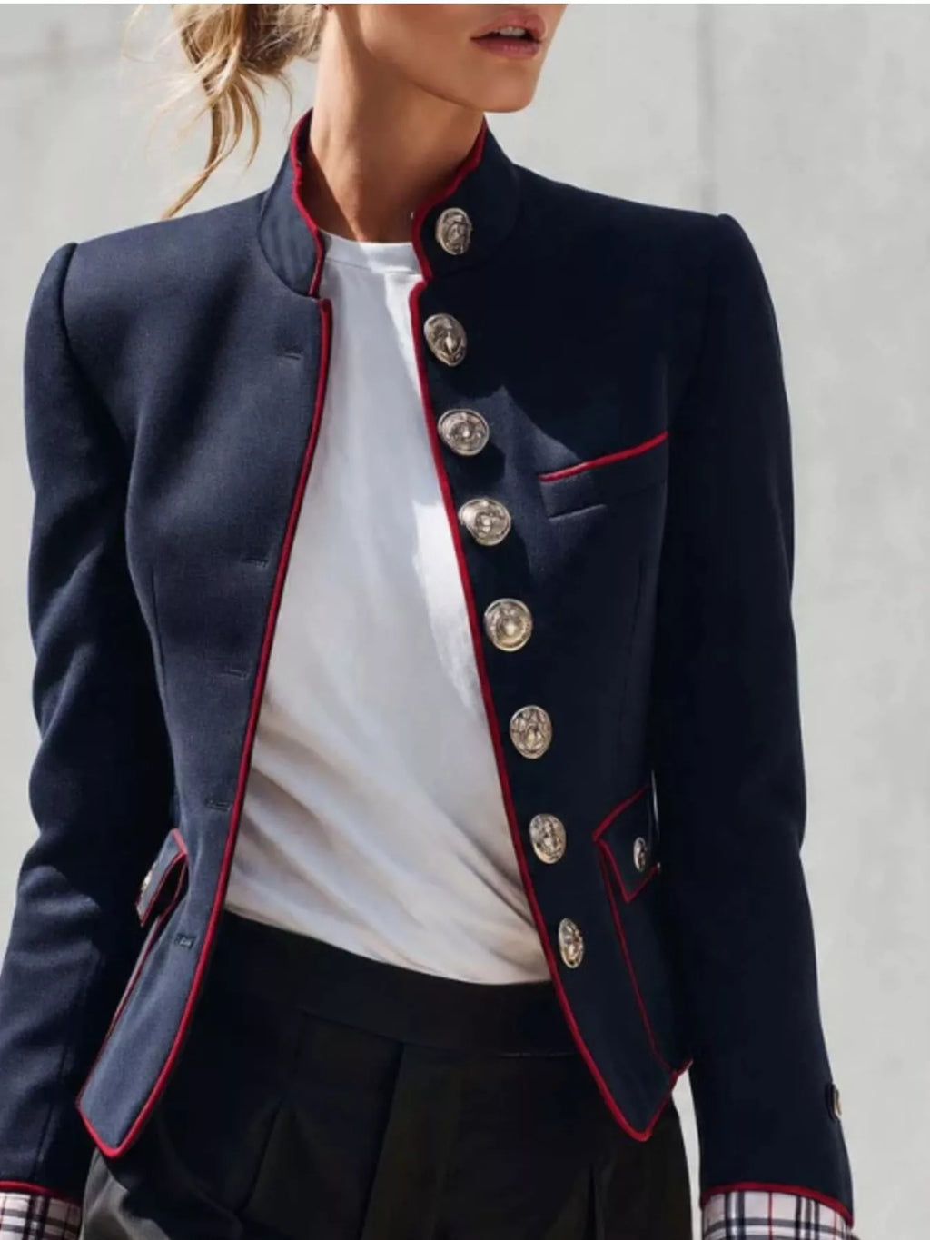 Military-Inspired Stand Collar Jacket with Red Piping