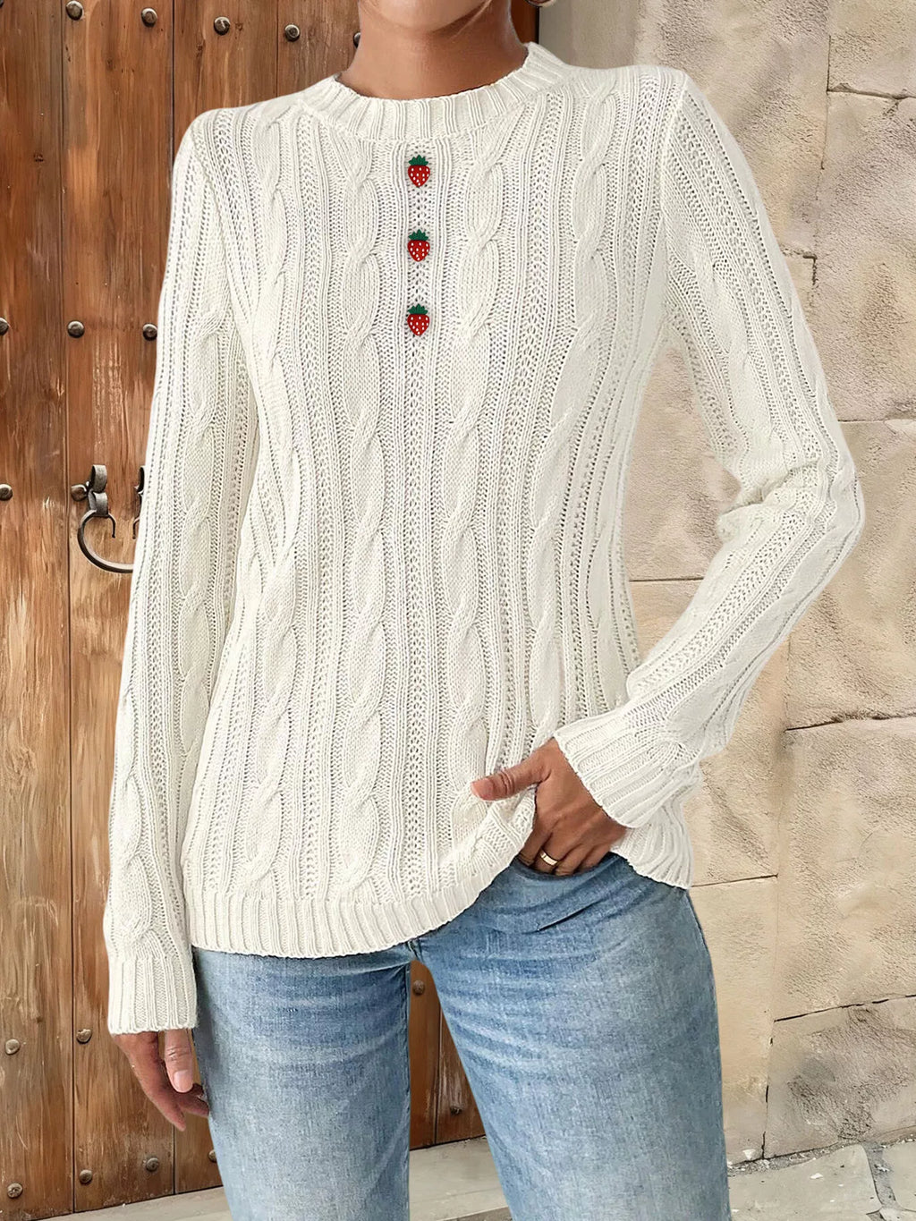 Strawberry Embellished Cable Knit Round Neck Sweater