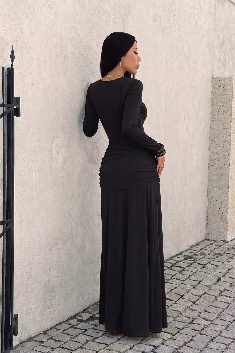 V-Neck Lace Trim Long Sleeve Tie-Waist Maxi Dress
