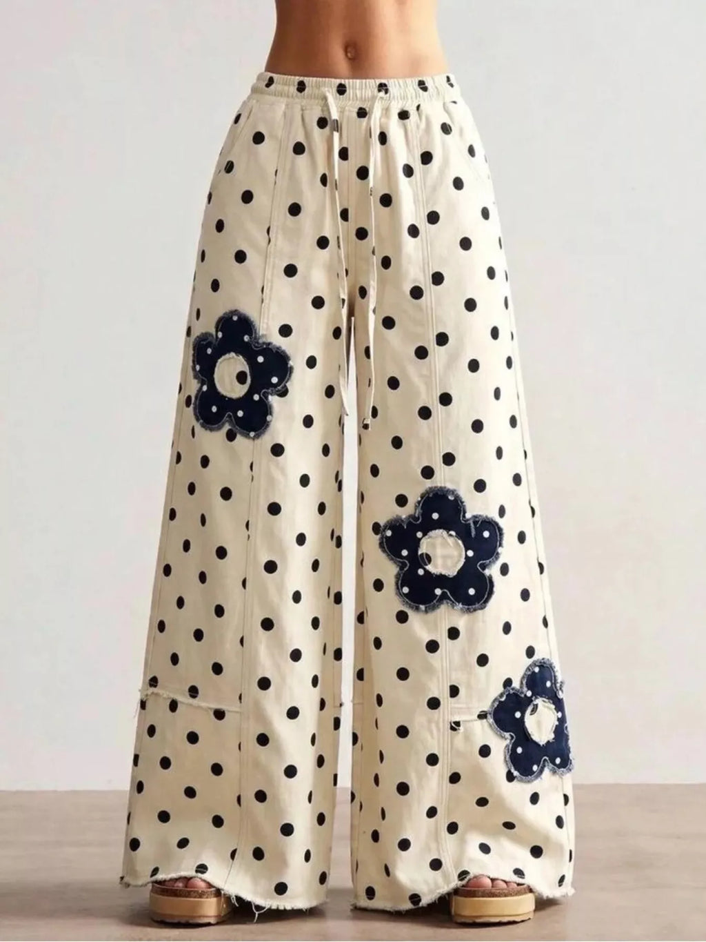 Floral Applique Polka Dot Wide-Leg Jeans