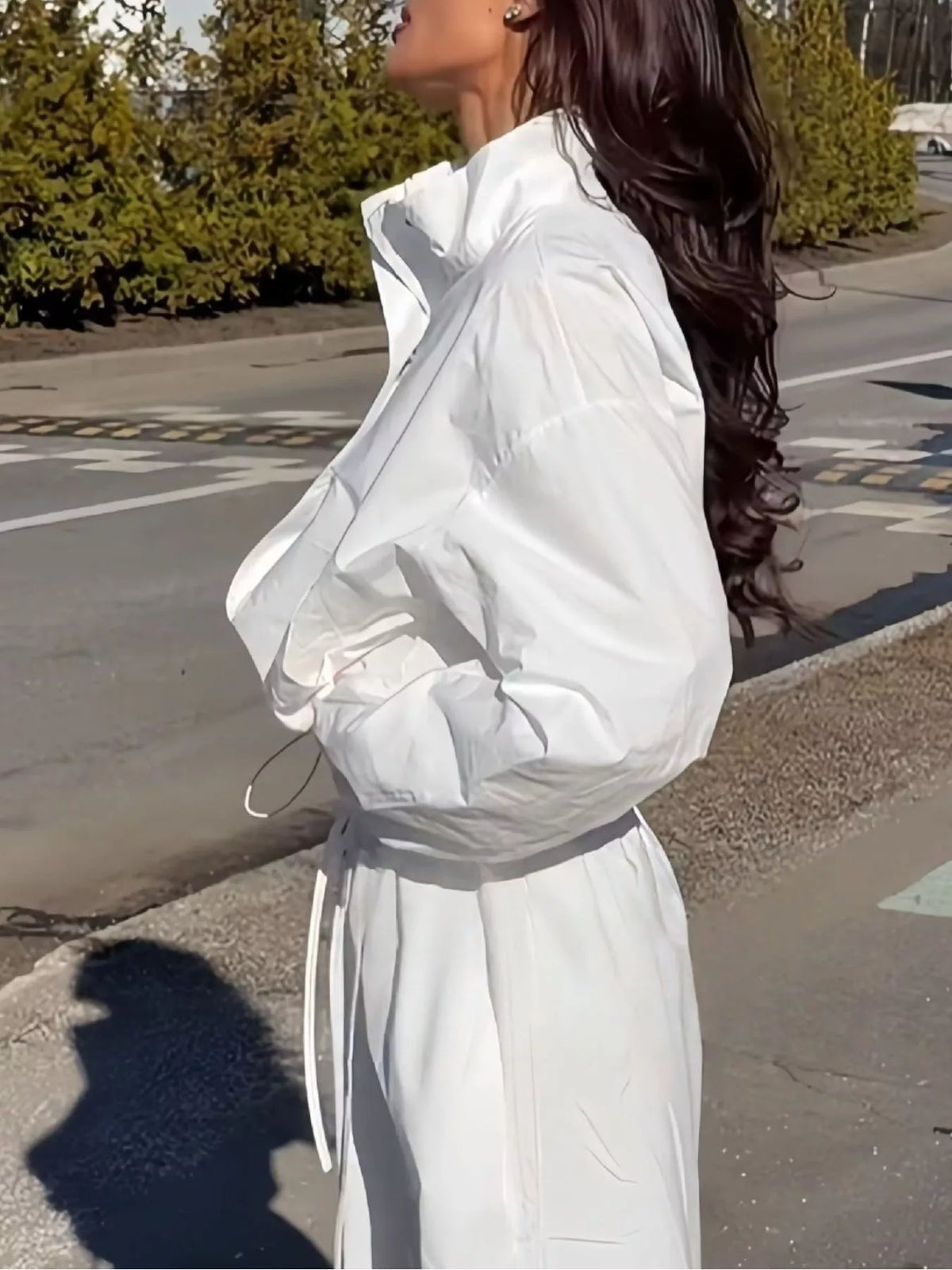 Drawstring Hem Crop Jacket and Wide-Leg Pant Set