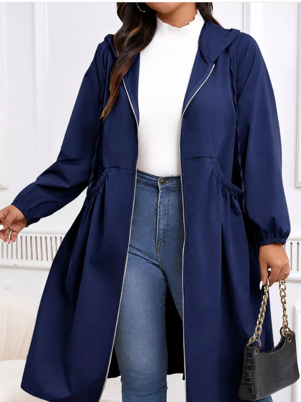 Plus Size Hooded Zip-Up Longline Windbreaker Outerwear