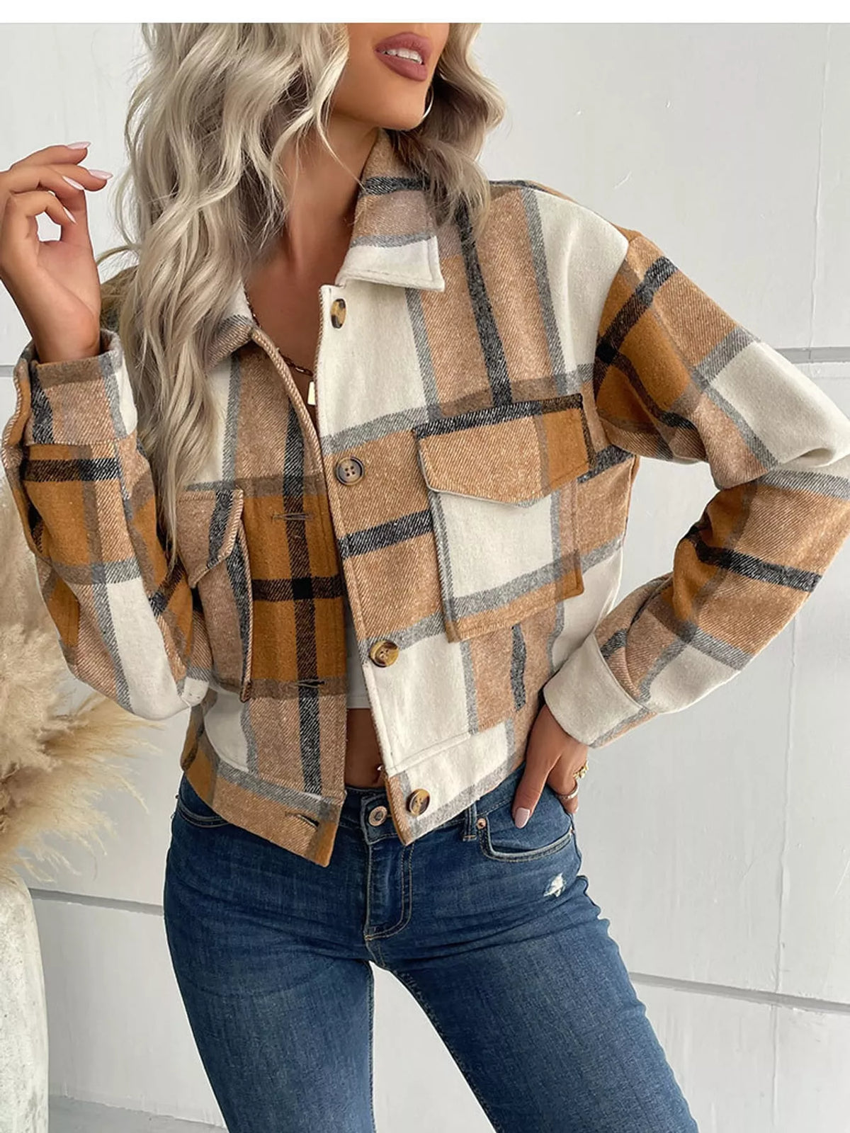 Plaid Button-Front Cropped Jacket