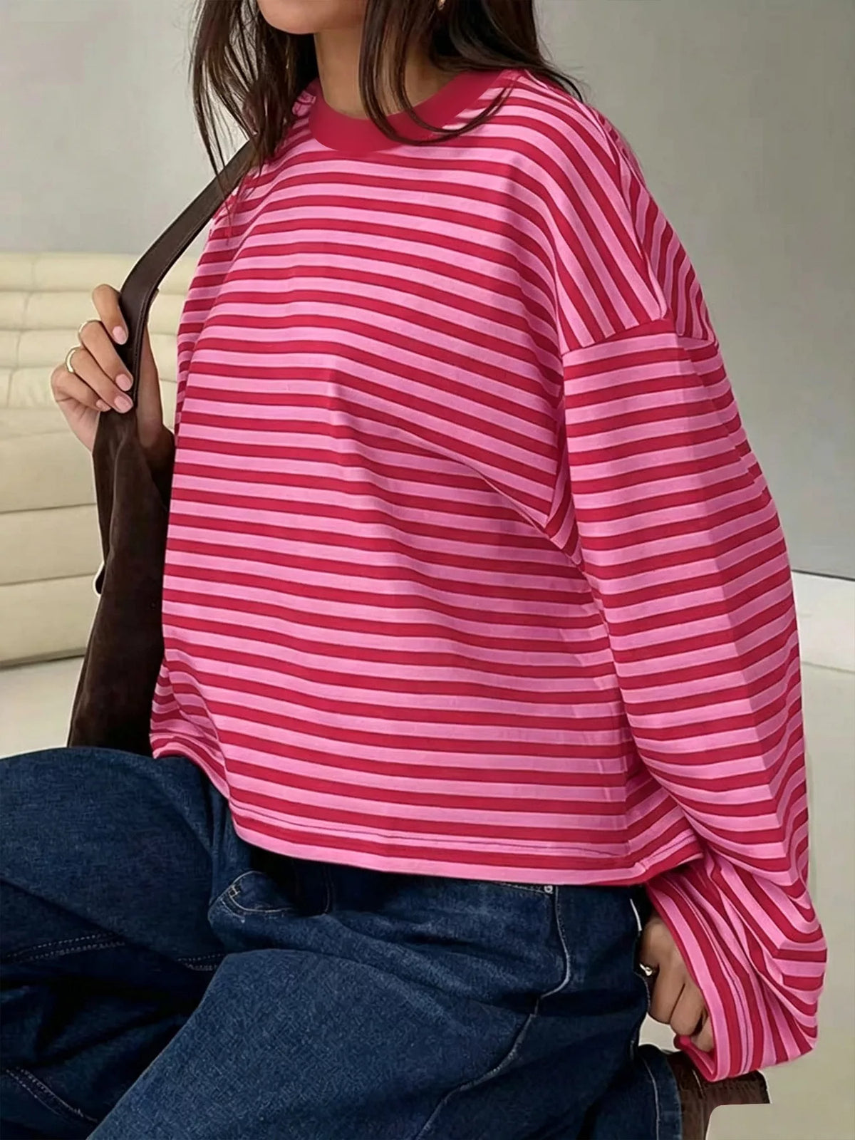 Full Size Casual Long-Sleeve Striped Crew Neck T-Shirt Plus Size