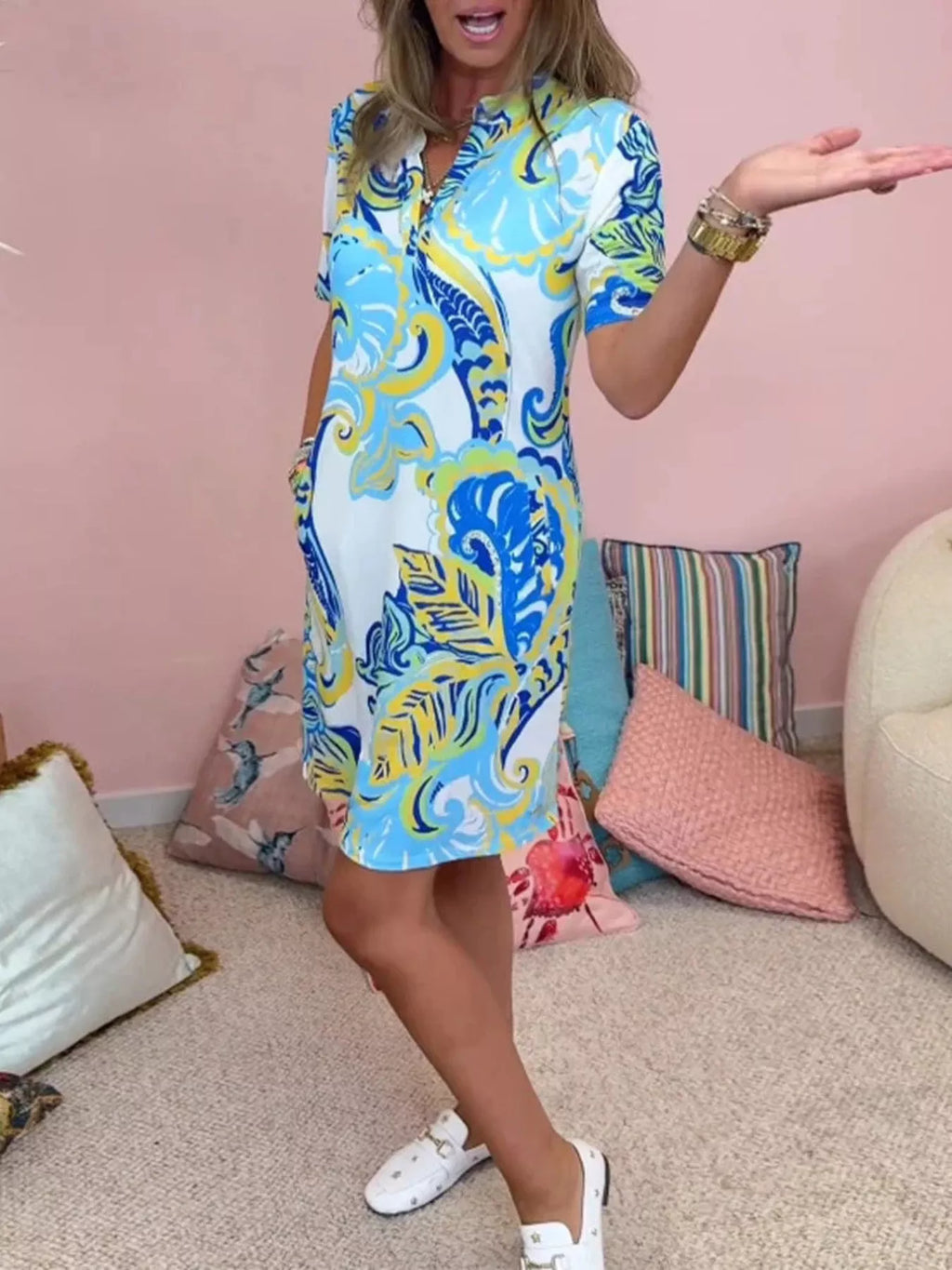 Full Size Vibrant Paisley Print Short Sleeve Shift Dress Plus Size