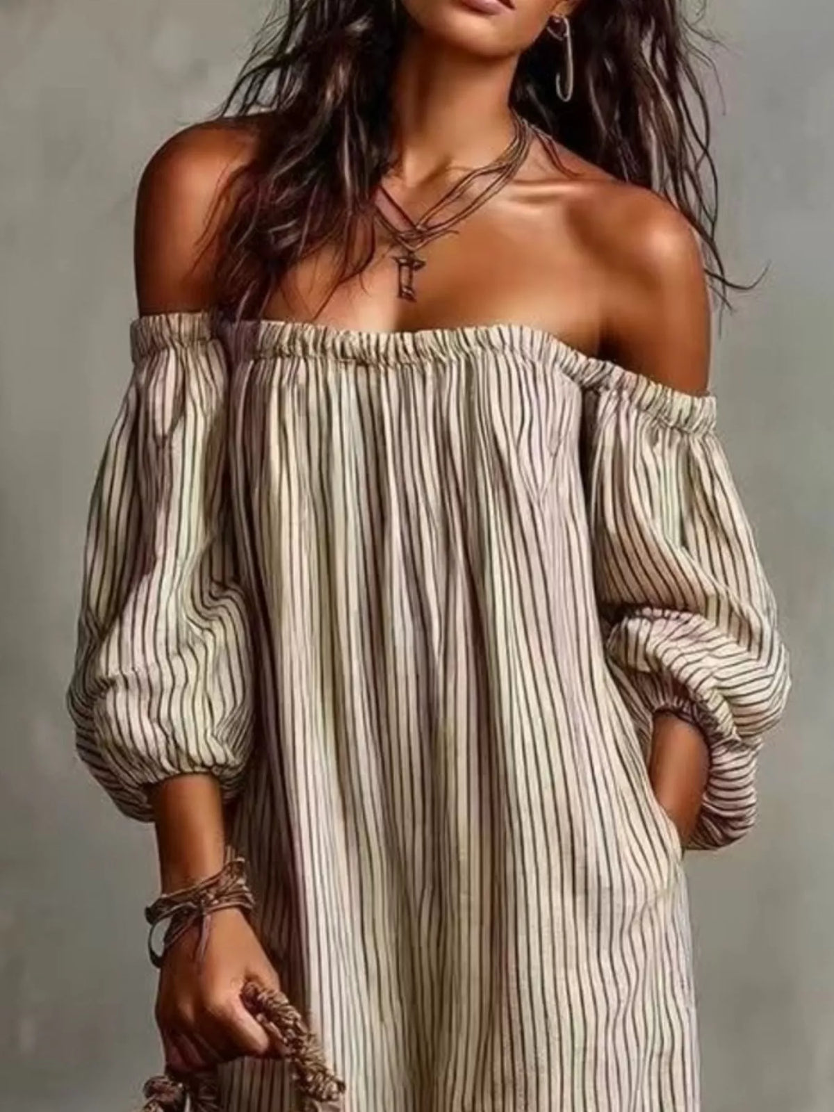 Full Size Off-Shoulder Striped Maxi Dress with Puff Sleeves Plus Size