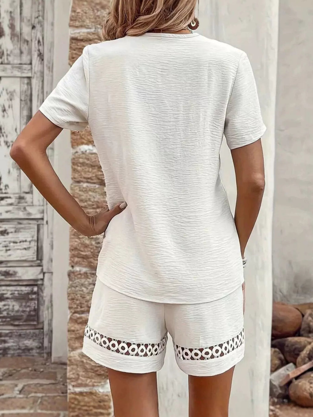Lace Trim Short Sleeve Top and Shorts Set