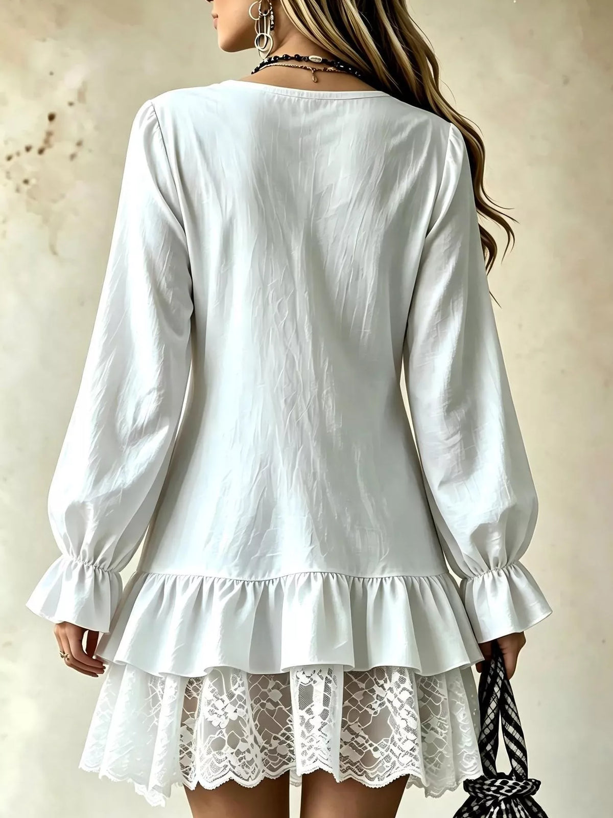 V-Neck Long Sleeve Ruffle Hem Lace Trim Mini Dress