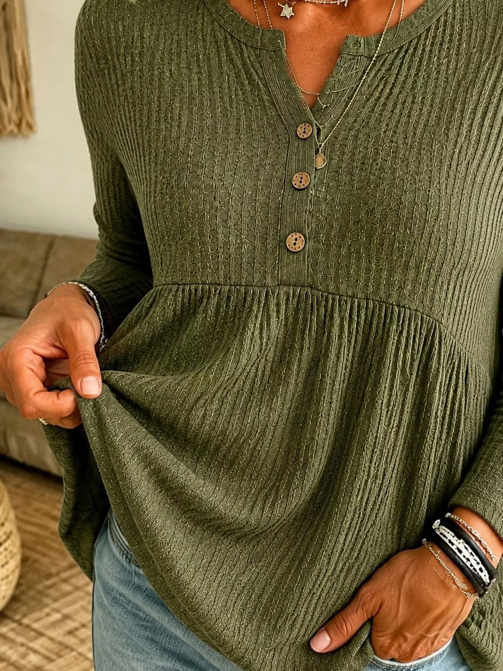 Button Detail Knitted Casual Top