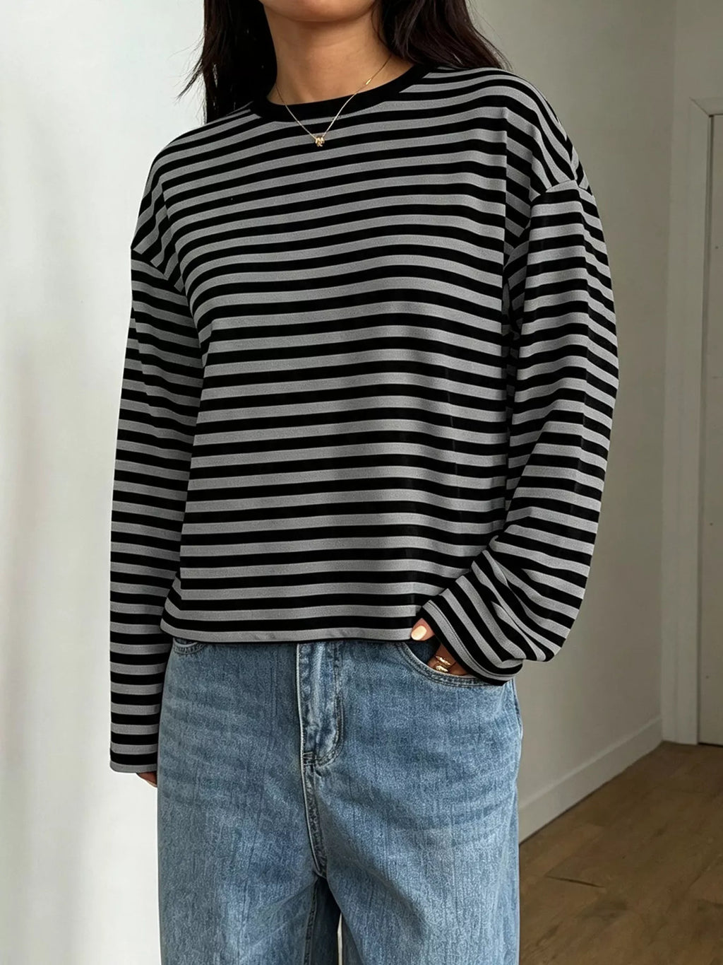 Full Size Casual Long-Sleeve Striped Crew Neck T-Shirt Plus Size