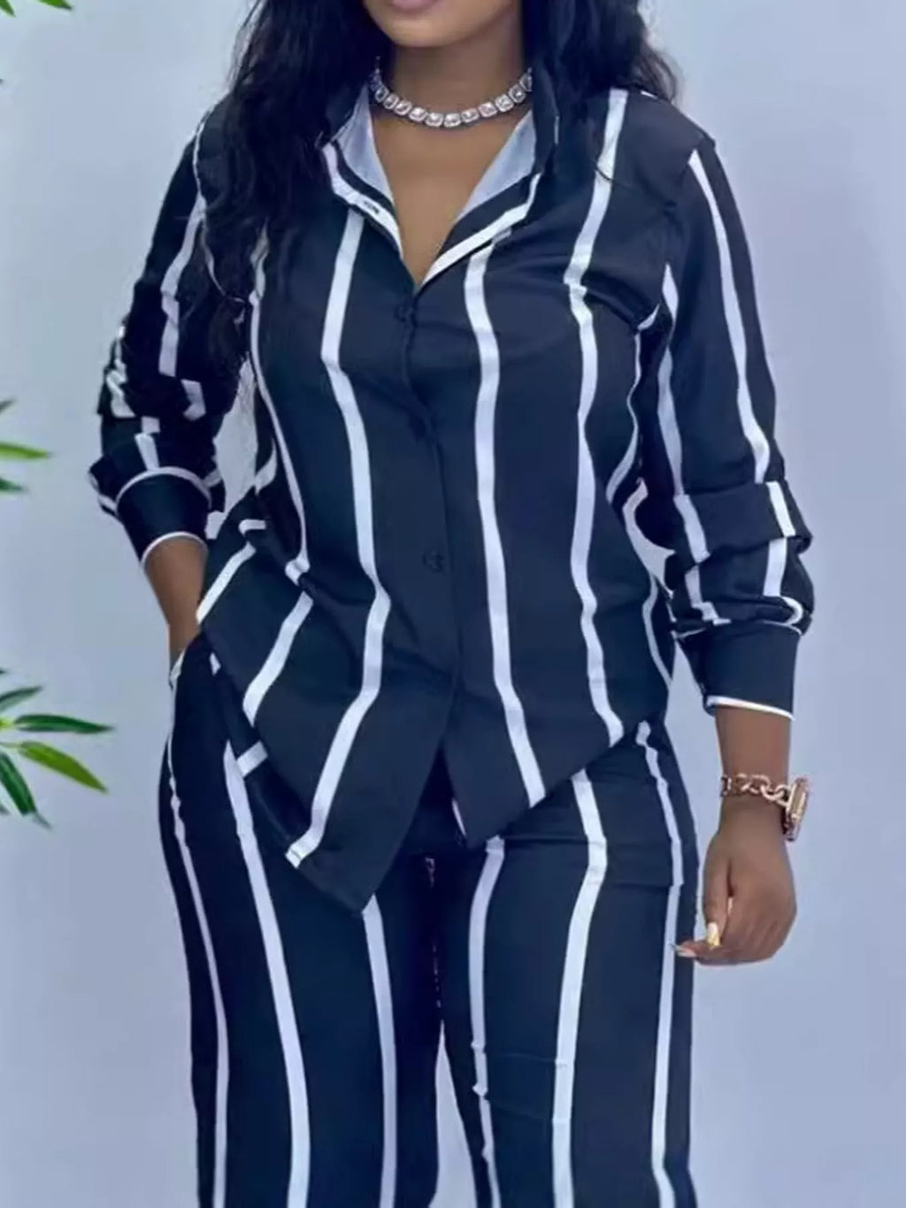 Striped Button-Down Shirt and Wide-Leg Pants Two-Piece Set