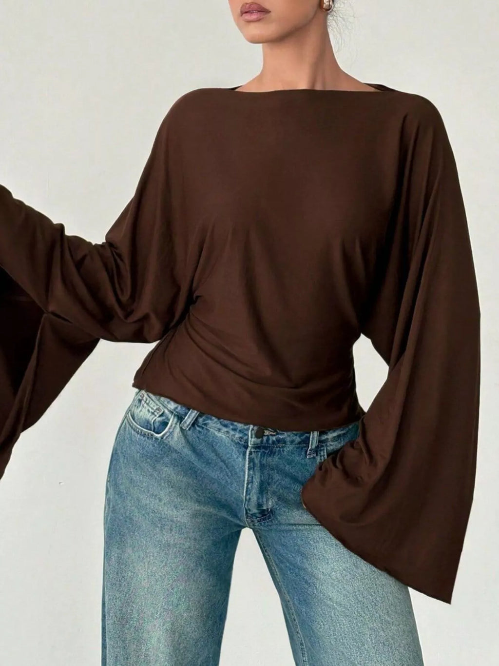 Boat Neck Slit Batwing Sleeve Top