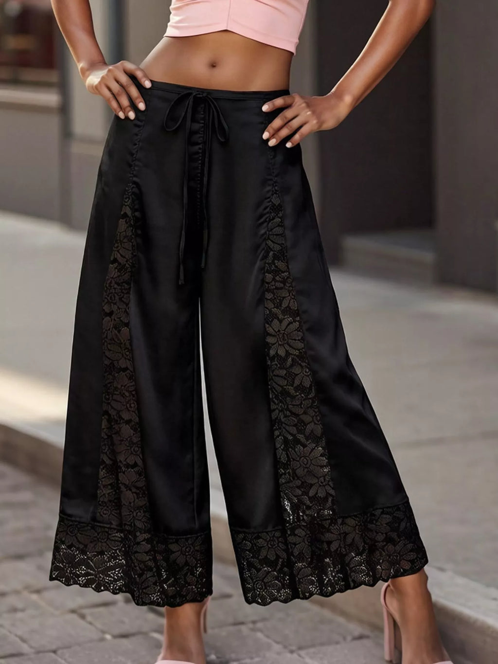 Lace Trim Wide-Leg Cropped Pants