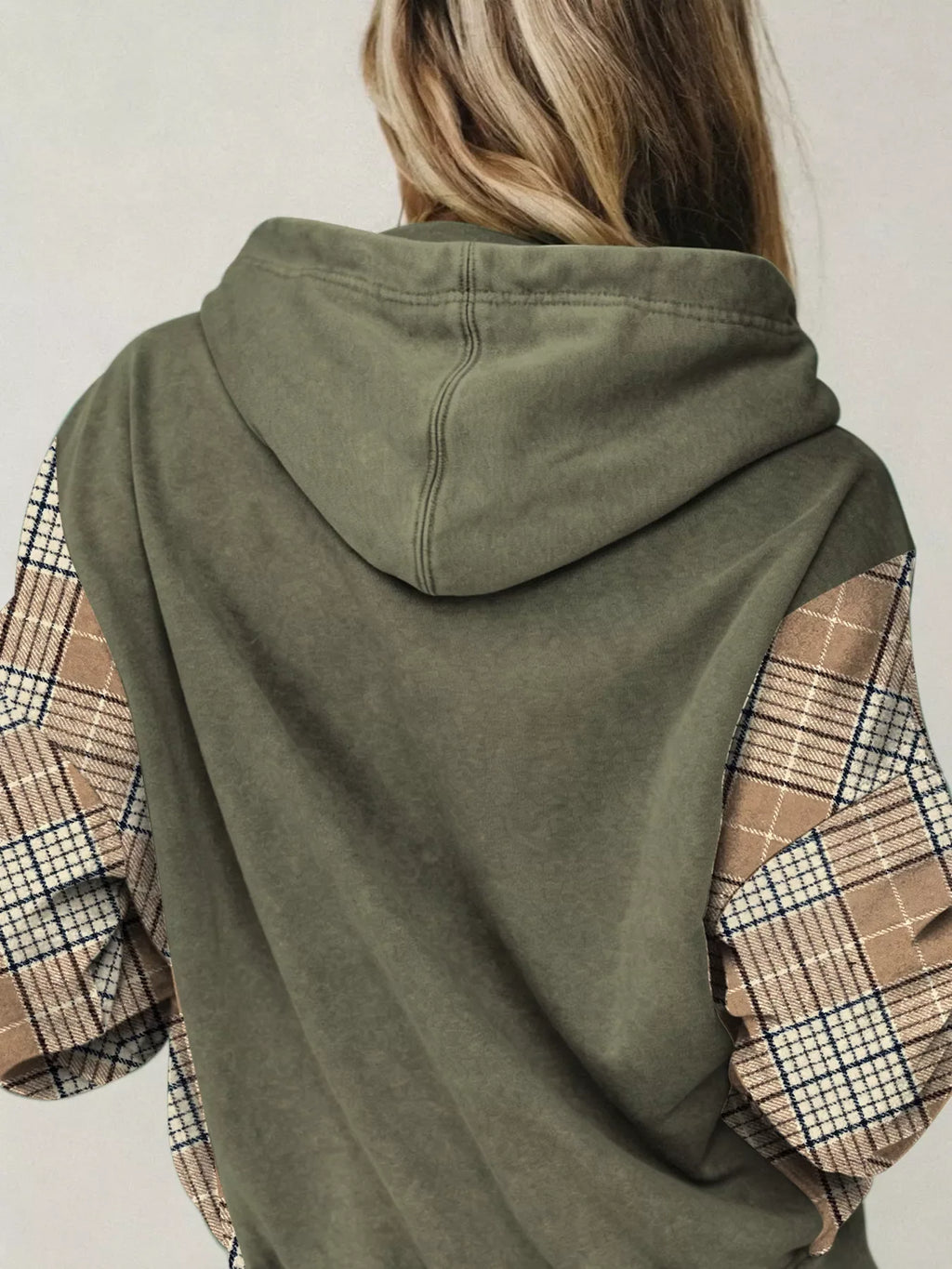 Plaid Sleeve Drawstring Pocket Hoodie
