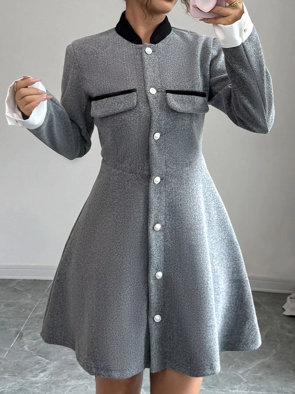A-Line Long Sleeve Button-Down Dress