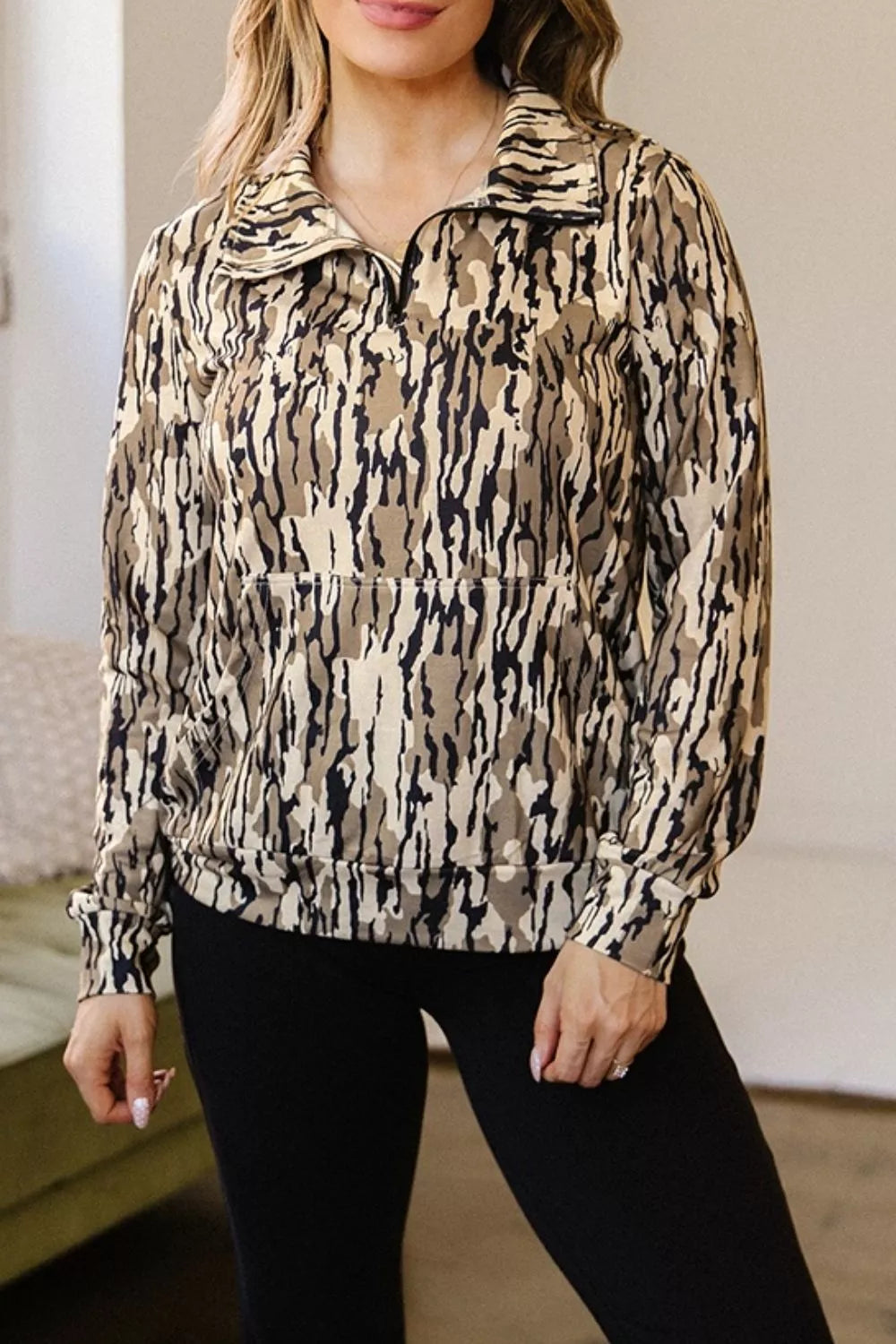 Camouflage Zipper Collar Front Pocket Sweatshirt
